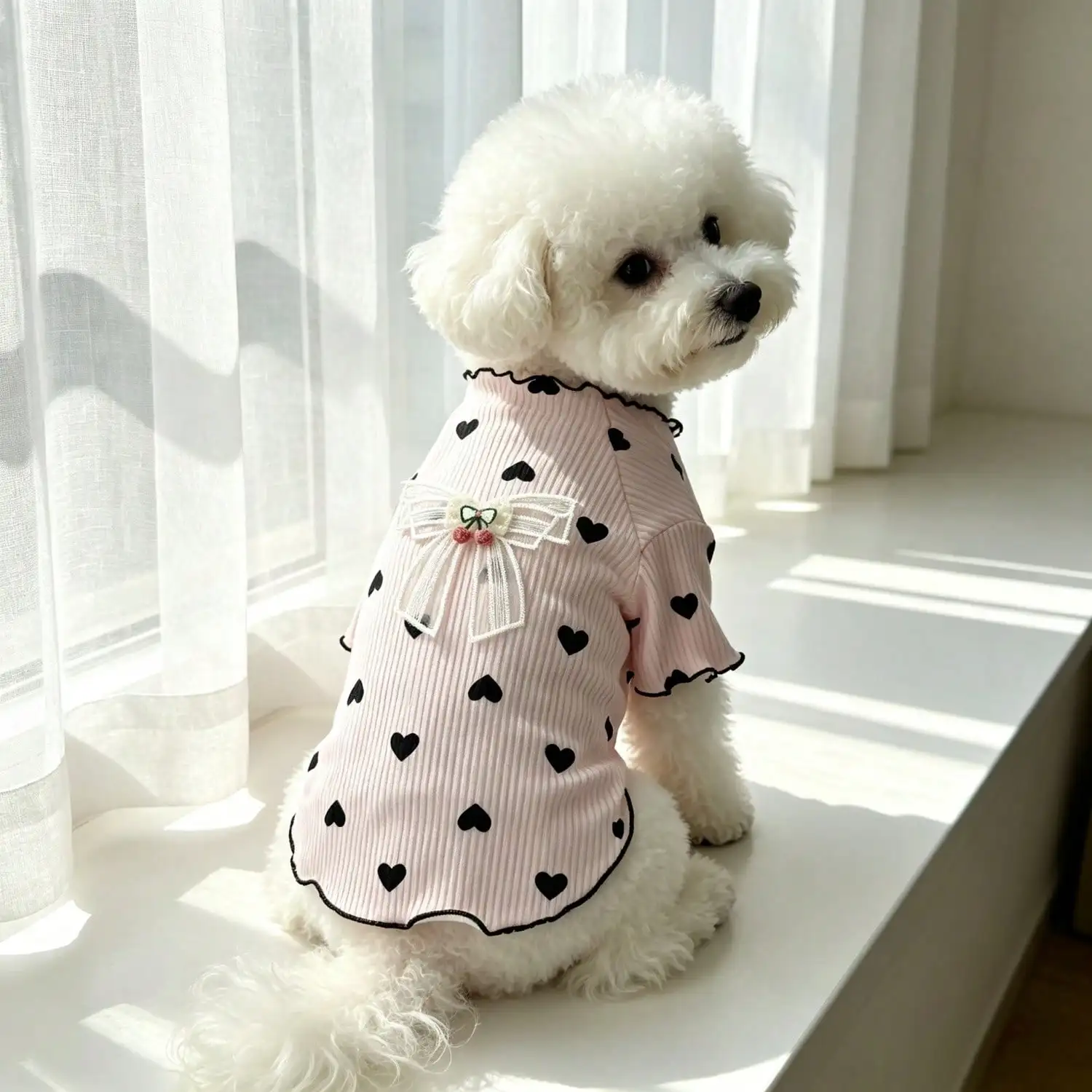 1 Stück Haustier-Hundetop mit Herz-Print, Rüschenbesatz, niedlicher Netzschleife und Kirschdekoration, Pullover-Shirt, weiche Strickkleidung – Detail 14