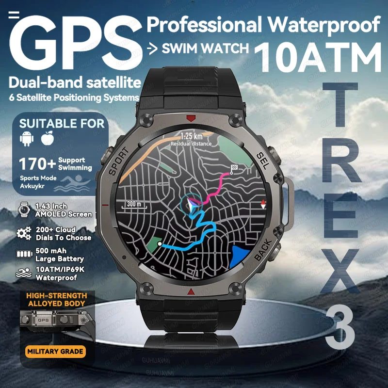 

2025 NEW T-Rex 3 GPS Men Military Smartwatch 10ATM Waterproof Swim 170+sports Mode 500mAh Battery BT Call HD AMOLED Smart Watch
