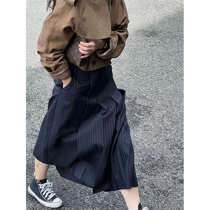 

MEXZT Striped Pleated Midi Skirts Women Elegant High Waist Suit Skirt Summer Y2K Harajuku Aesthetic Fashion Casual A Line Skirt