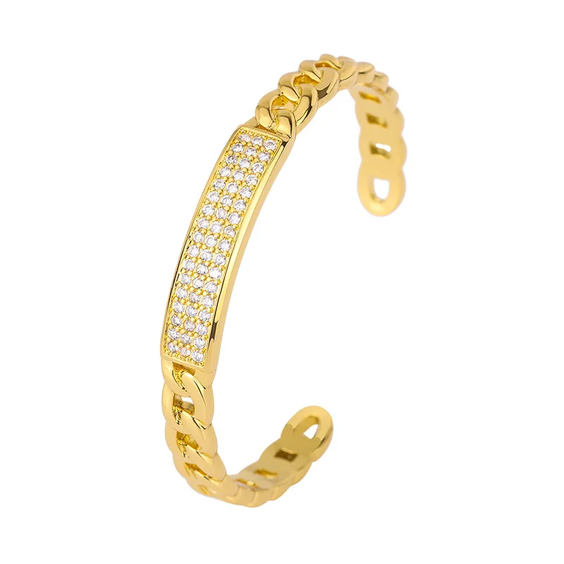 European and American Micro Pave Zircon Full Diamond Bracelet Open Gold Plated Hollow Chain Bracelet Bangle for Women