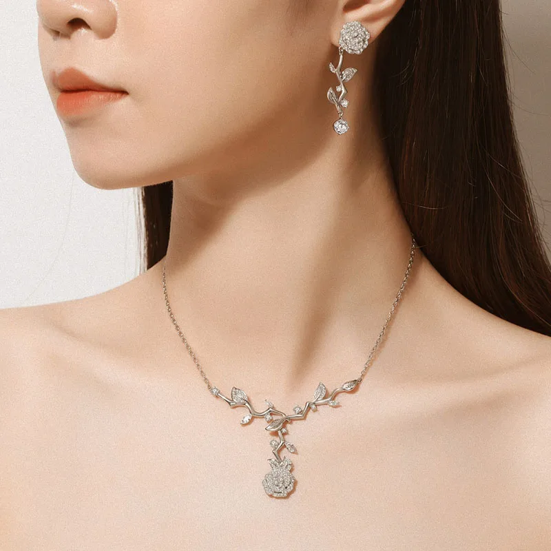 KOFSAC Luxury Romantic Rose Flower Necklace Earrings 925 Silver Jewelry Shiny Elegant Zircon Camellia Set Lady Party Accessories
