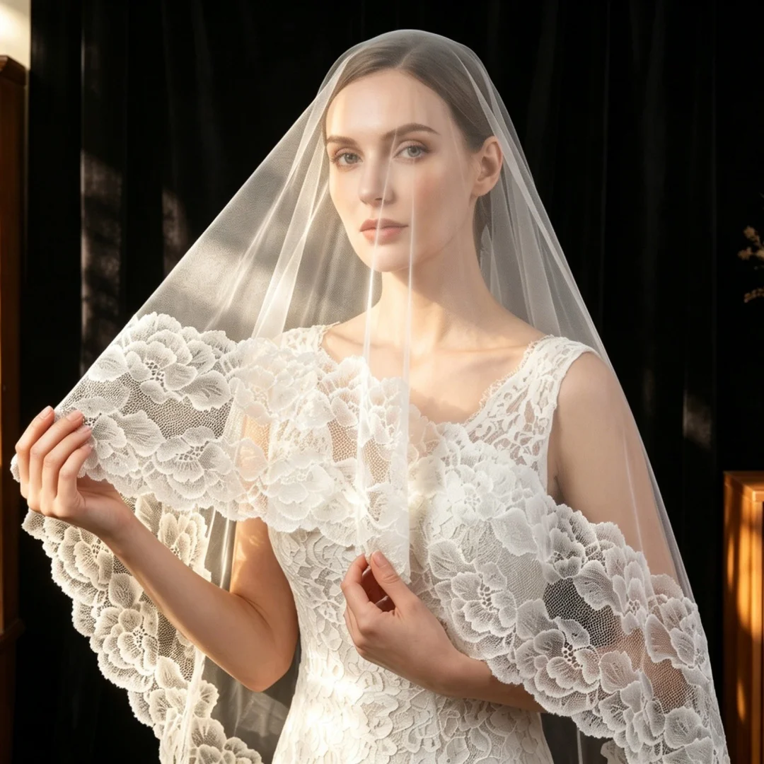 Elegant Vintage Large Floral Lace Edge Bridal Veil Soft Tulle Wedding Veil Bride Photography Accessories Velo De Novia