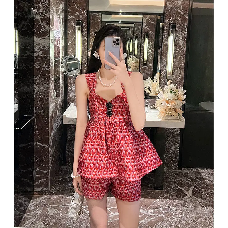 Korean Fashion Geometric Pattern Lotus Leaf Swing Suspender Top Women's Summer Wide Leg Shorts Two-piece Set Female Clothing