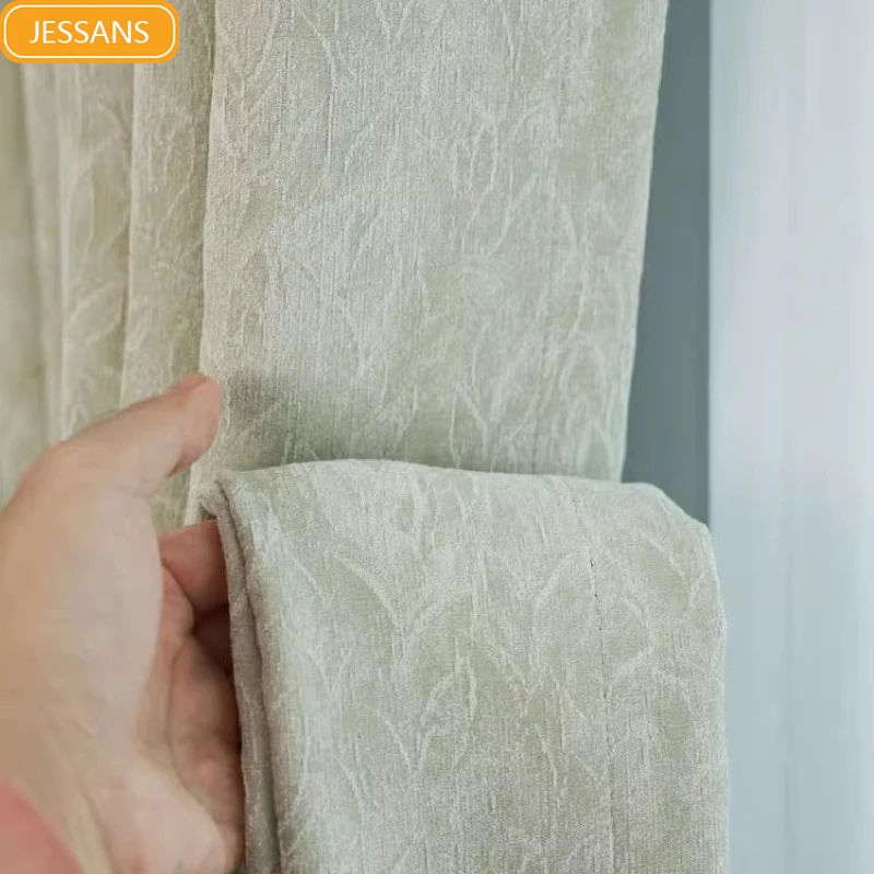 New Cream Leaf Jacquard Chenille Thickened Blackout Curtains for Living Room Bedroom French Window Customized