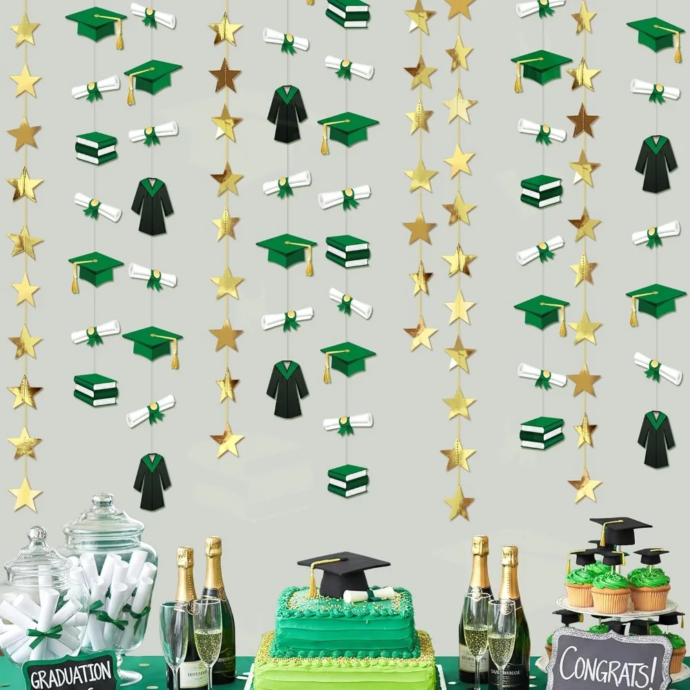 6 Piezas de Decoraciones de Graduación Verde Dorado 2026, Guirnalda de Graduación, Diploma Universitario, Serpentinas con Estrellas, Pancartas de la Clase de 2026, Decoración de Felicitación de Graduación
