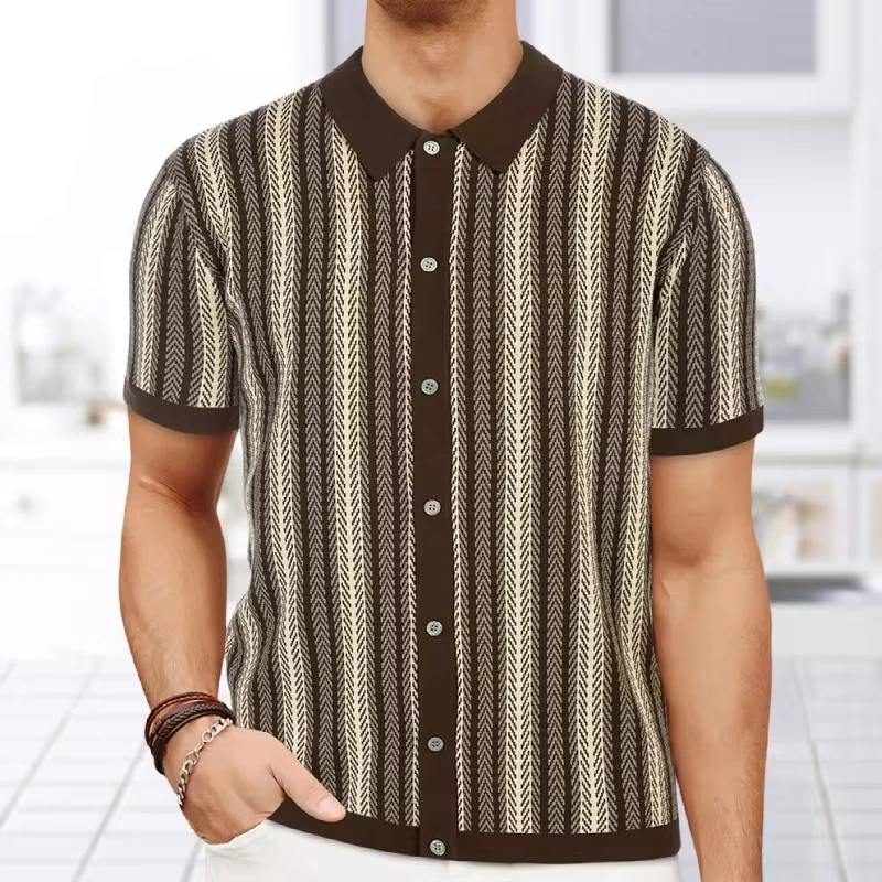 

American Men's 2025 New Fashion Summer Short Sleeve Turn-dwon Collar Striped Shirts Cardigans Casual Trendy Male Tops Clothes