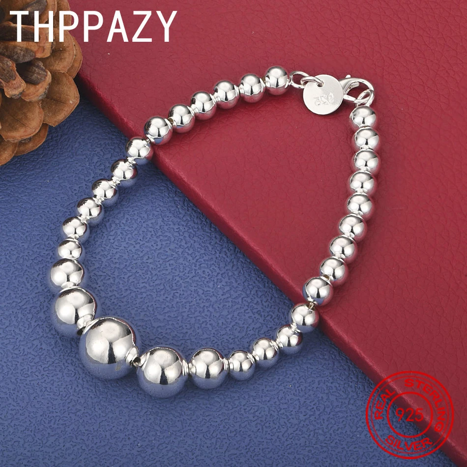 

THPPAZY 925 Sterling Silver Smooth Bead Bracelet Men Party Anniversary Gift Original Fine Fashion Jewelry 8 Inch Chain