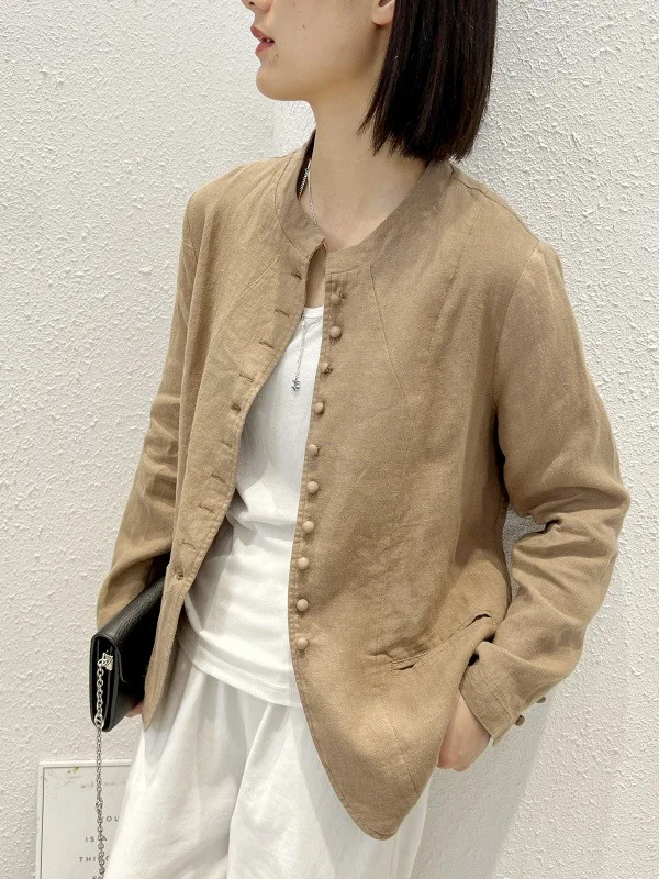 

Cotton Linen Loose Fit Lightweight Spring Autumn Women's Artistic Stand Collar Long Sve Breathable Faionable