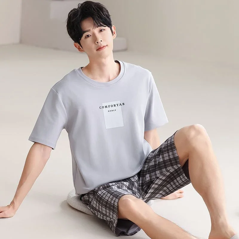 2026 Hot Summer Plus Size Short Sleeve Cotton Pajama Sets for Men Korean Loose Sleepwear Suit Pyjama Male Homewear Home Clothes