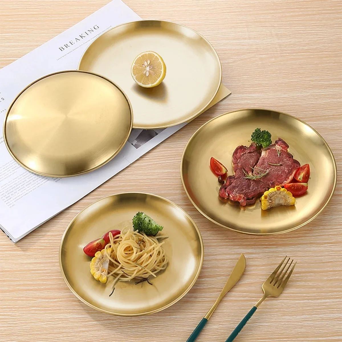 2Pcs Koreanische Edelstahl Verdickt Grill Disc Goldene Silber Café Tablett Obst Platte Kuchen Platte Knochen Gericht Flach Platte