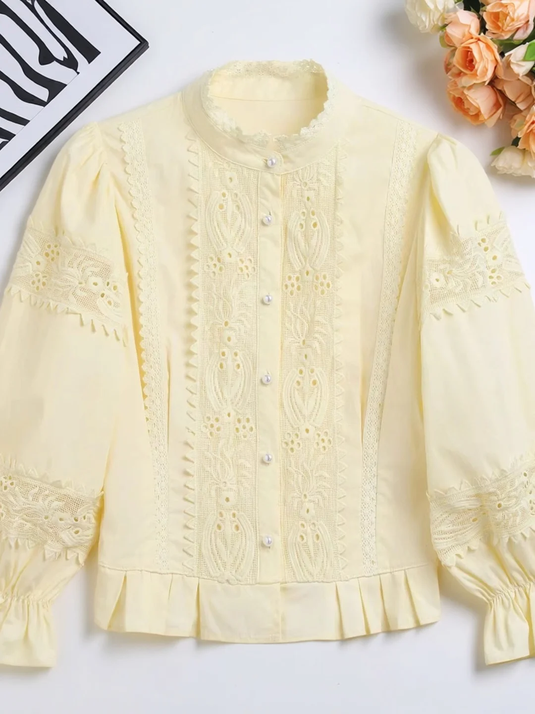 

Elegant Hollow out Embroidery Stand Collar Bubble Sleeve Short Shirt Women Fashionable Court Style Gentle Sweet Top Anti Aging