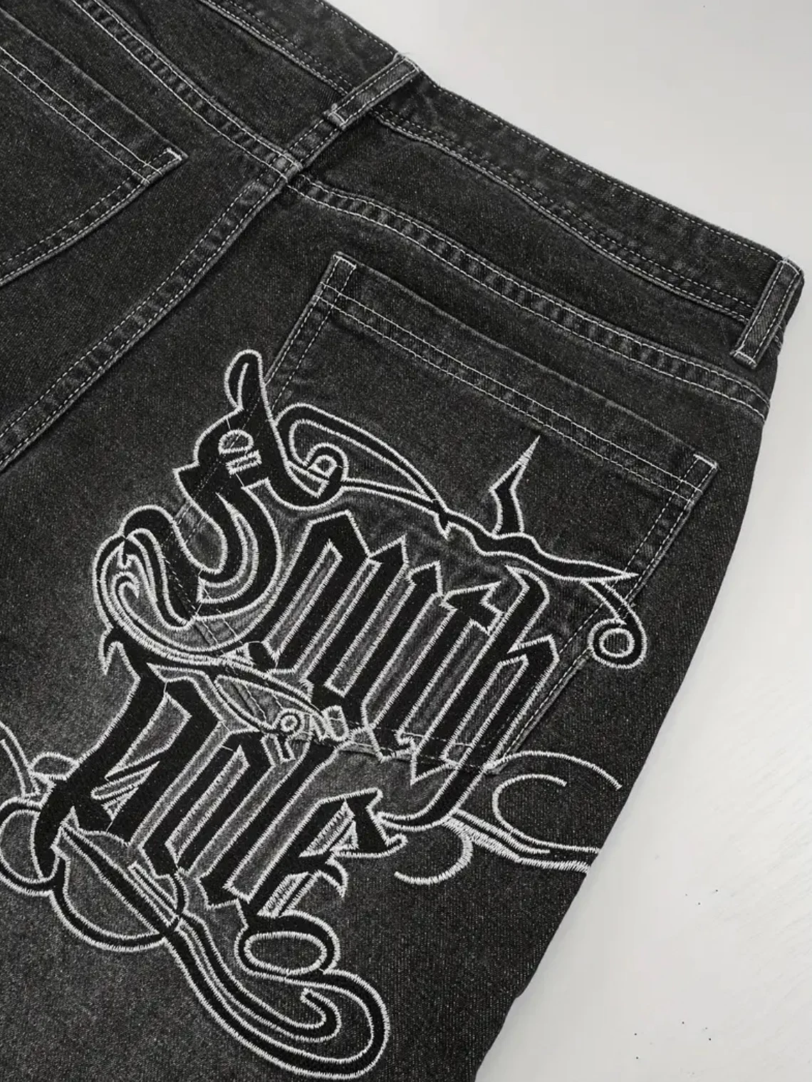 Y2K جينز فضفاض جمالي قوطي للرجال والنساء سروال دينم عتيق مطرز على القطب الجنوبي ، ملابس الشارع الشهير بنطال واسع الساق