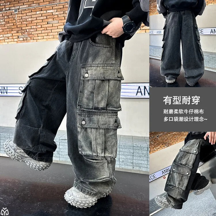 Boys Casual gradient Cargo Jeans With Multi Pocket  Loose Style Teenage Child Denim Pants High Fashion Kids Hip pop Trousers