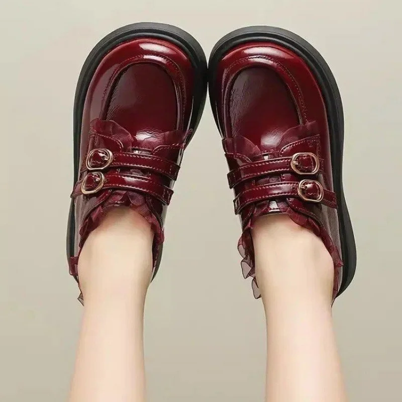 

FashionPrincess Shoes for Girls 2025Spring Autumn New Patent Leather Buckle Decor Mesh Lace Flats Lightweight Children Leather