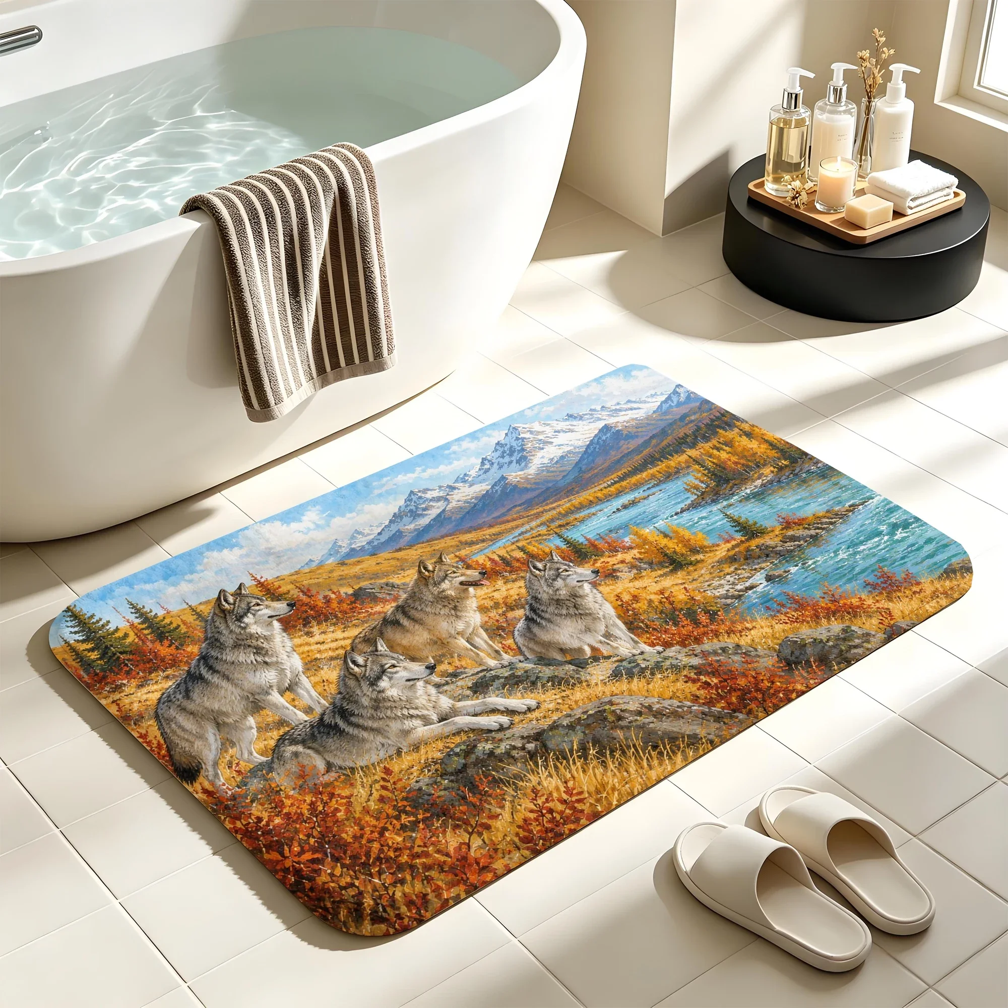 Wolf Pack Grassland Bath Mat Water Absorbent Quick Dry Anti-Slip Shower Rug Floor Carpet for Bathroom Home Decor