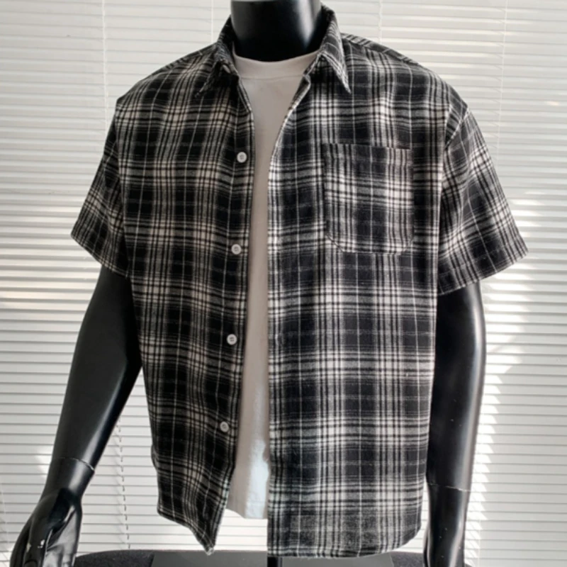 Black and White Checkered Shirts Man Short Sleeve Button-Down Lapel Shirt Spring Summer Korean Slim Casual Wear Blouse Tops Men