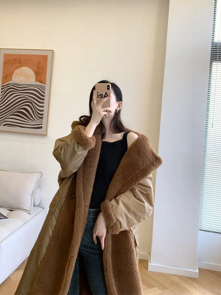 1951 Commemorative Edition Two Sides Wear Teddy Bear Long Tobacco Fur Coat Silhouette Female Elegance Delicate Temperament