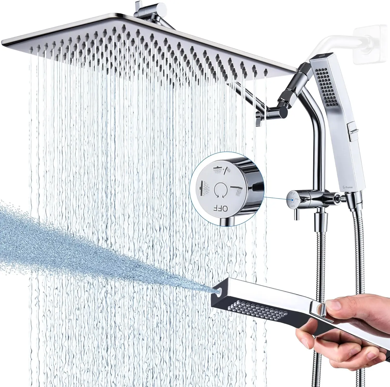 G-Promise All Metal 12'' Rain Shower Head Handheld Built-in Power Wash Mode 3-way Diverter Pause Setting 11'' Adjustable Arm