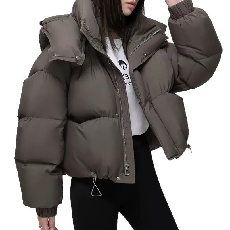 Women's Clothing Winter Down Coat Vintage Simple White Duck Down Jacket Warm Drawstring Long Sleeves Short Jacket Hooded