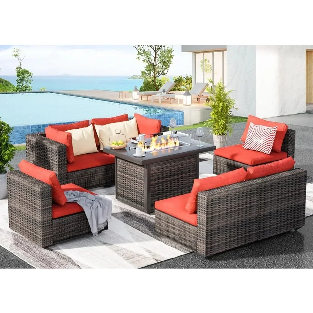 Outdoor Furniture 7 Piece Sets with Fire Pit Table, Patio Couch Sectional with No-Slip Cushions and Cover, Outdoor Furniture Set