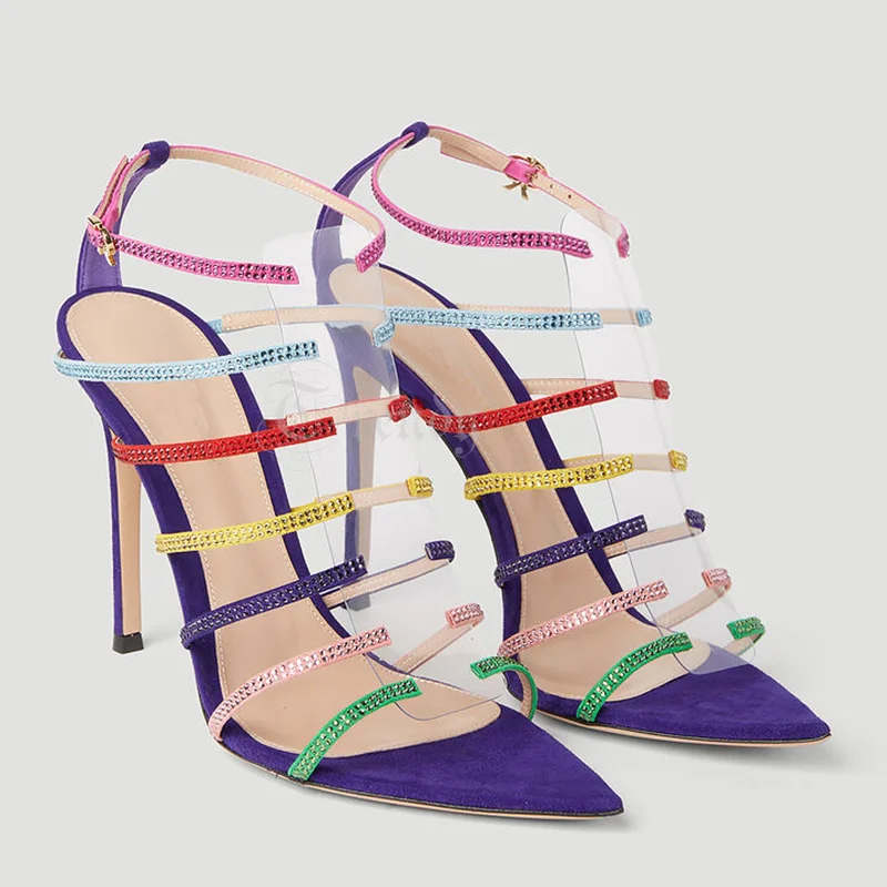 

Colorful Striped Crystal Strap Stiletto Sandals Women Elegant Pointed Rainbow Butterfly Knot Buckle Hollow Open Slingback Shoes