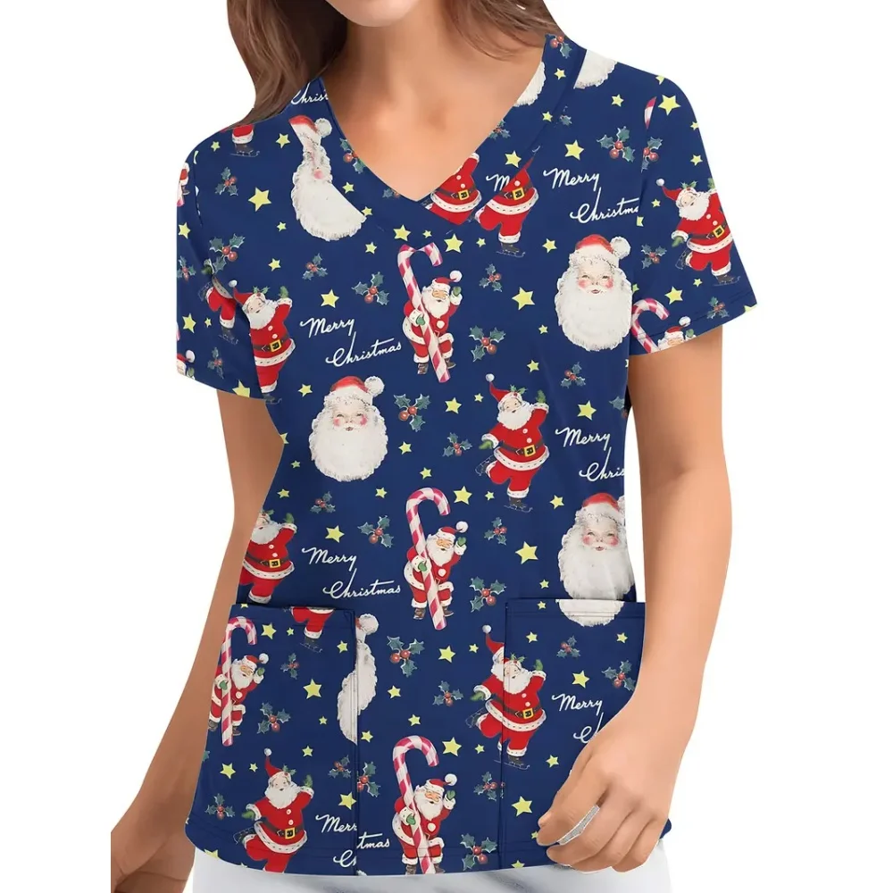 Christmas Surgical Uniforms Woman Cute Cartoon Print Fashion V-Neck Nurse Patch Pocket Short Sleeve Vet Clinical Uniforms Woman