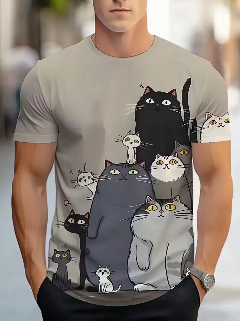 Herren T-Shirt Cartoon Niedliche Katzengruppe 3D-Druck Kurzarm Rundhals Sommer Lustige Streetwear Lässige Mode Oberteile Herrenbekleidung