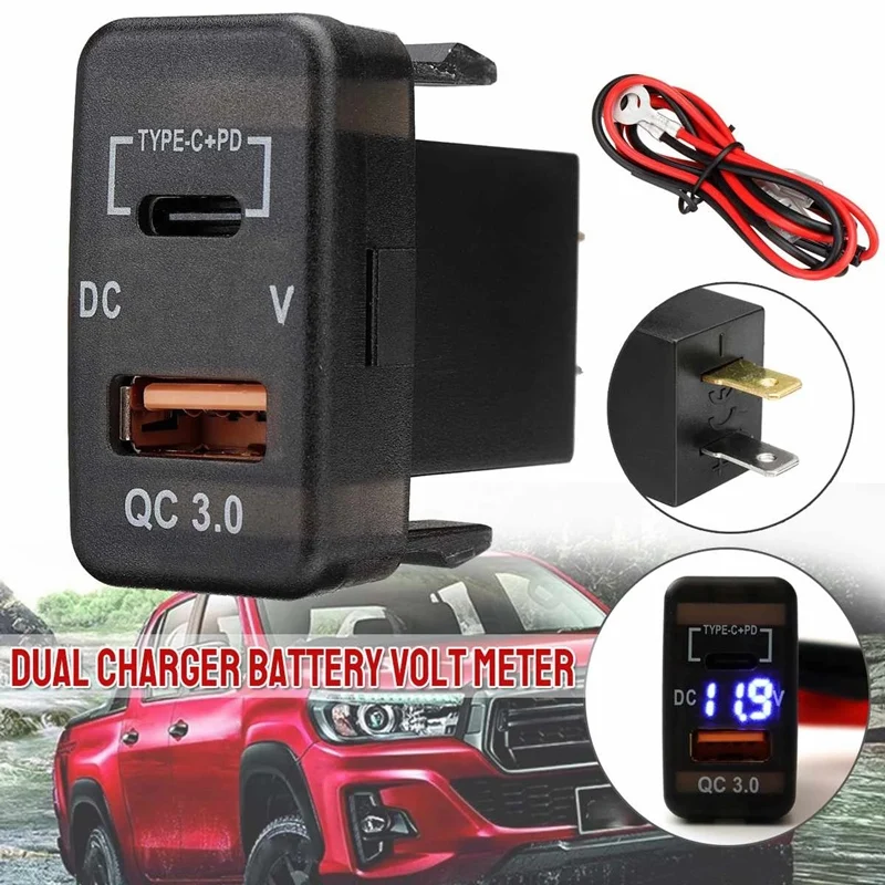 Car Type-C+PD QC3.0 Charger Dual USB Adapter Dashboard Socket Voltmeter For Landcruiser Prado FJ Cruiser Hiace RAV4