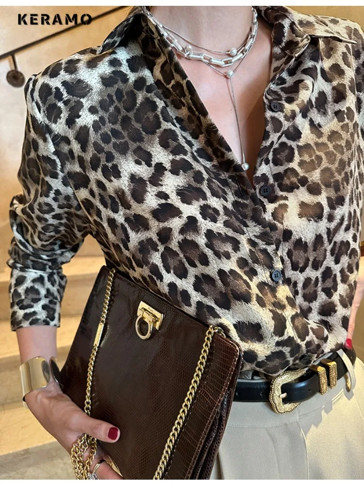 American Retro Turn-down Collar Leopard Print Loose Blouses 2024 Autumn Women\'s Casual Long Sleeve Streetwear Vintage Shirts Top