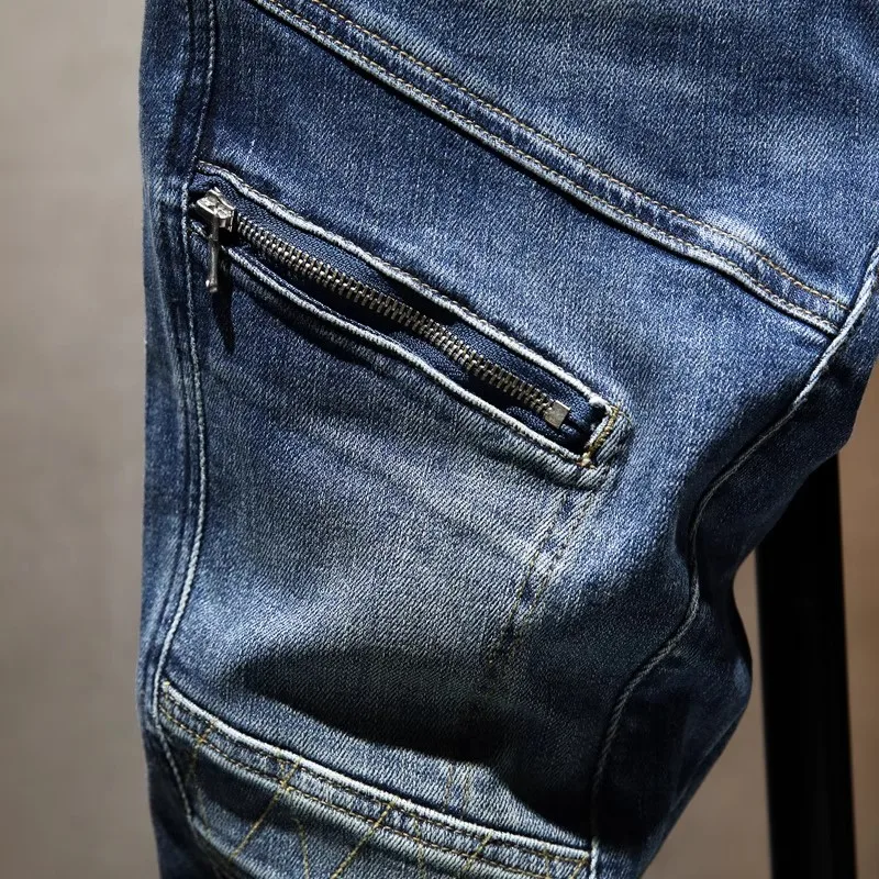 Y2K Italian Fashion Men's Jeans Embroidered Zipper Decoration Washed Nostalgic Stretch Slim Fit Retro Blue Jeans Designer Splici