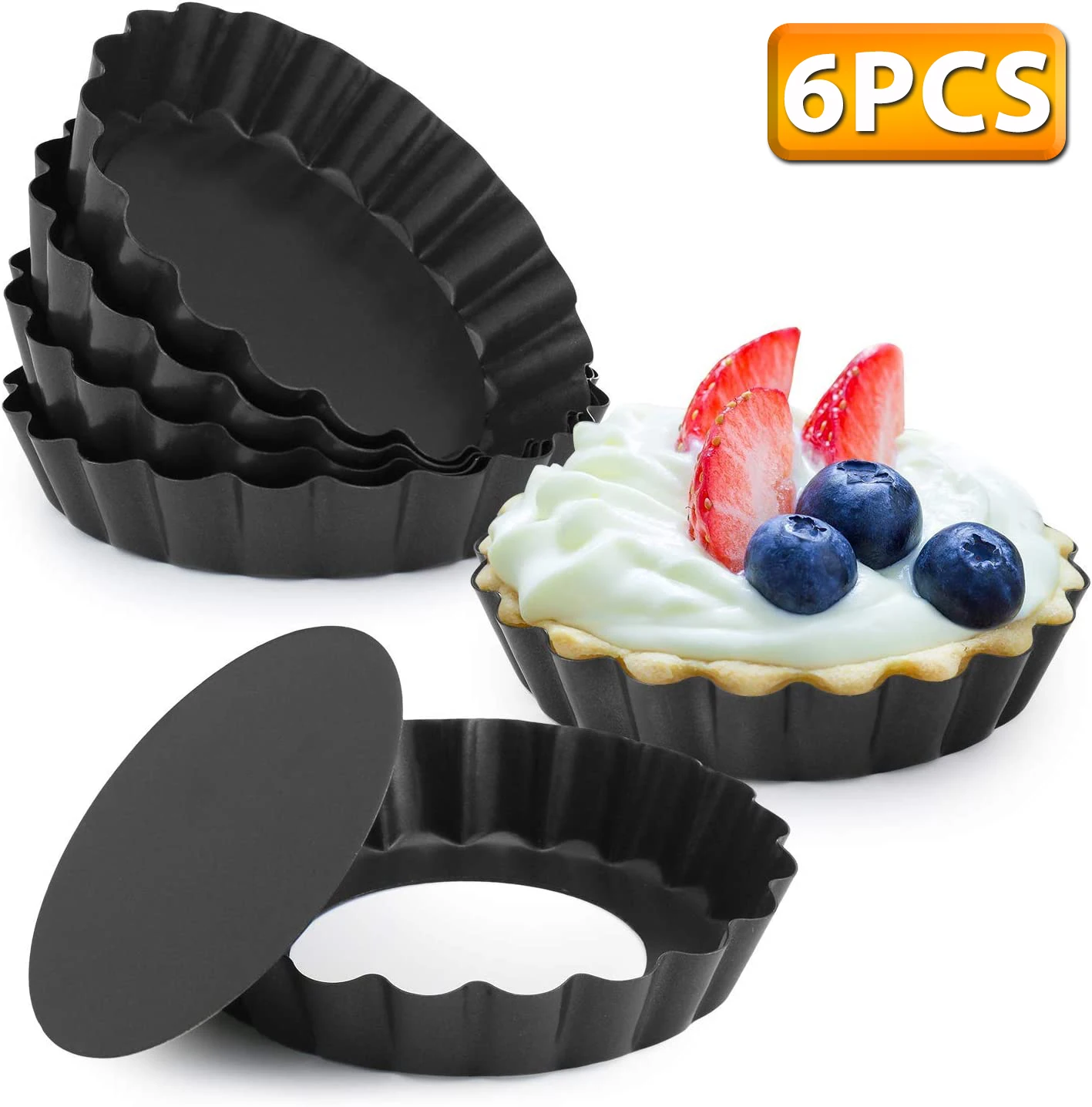 6 Pcs Mini Tart Pans 4 Inch with Removable Bottom, Nonstick Round Quiche Pie Pan Set,  Reusable Cupcake Muffin Mold Tin Pan