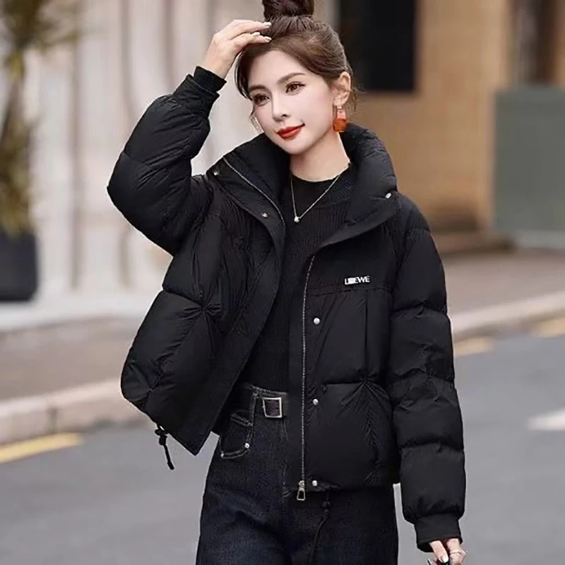 면 패딩 재킷 여성 숏 2025 겨울 신상 스탠드 칼라 다운 코트 여성 파카 패션 루즈핏 아우터 브레드 오버코트