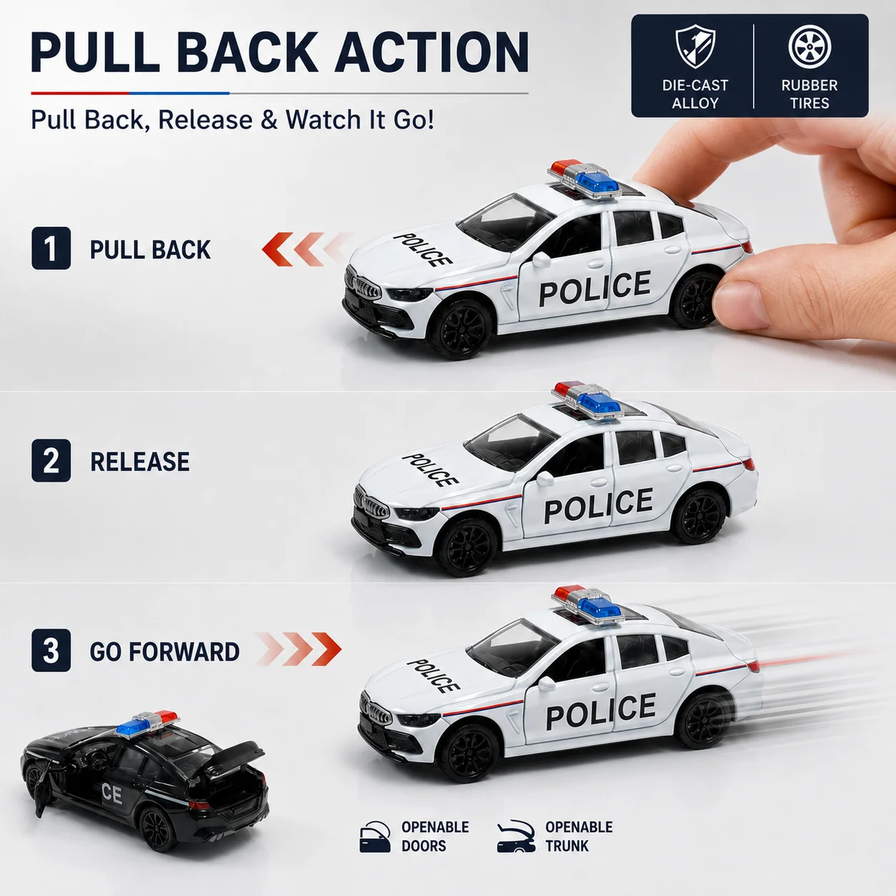 (Corrugated Box) 1/36 Scale, Alloy Police Patrol Car Style Toy Car, Strong Spring Force, Metal Casting,the Best Gift
