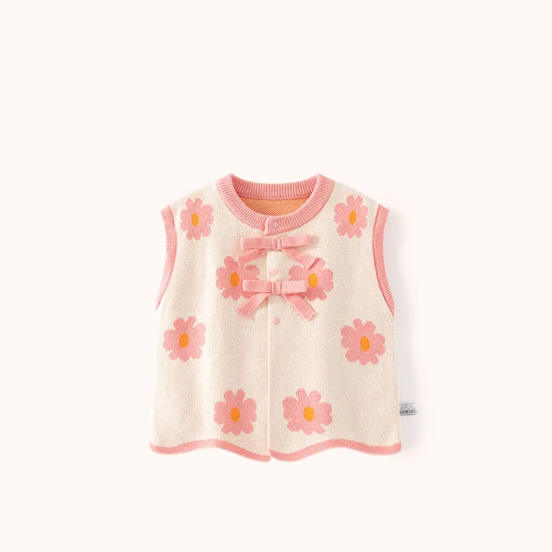 

New Spring Autumn Children Girls Vest Pink Bowknot O Collar Floral Jacquard Little Girls Sweater 100% Cotton Baby Girls Knitwear