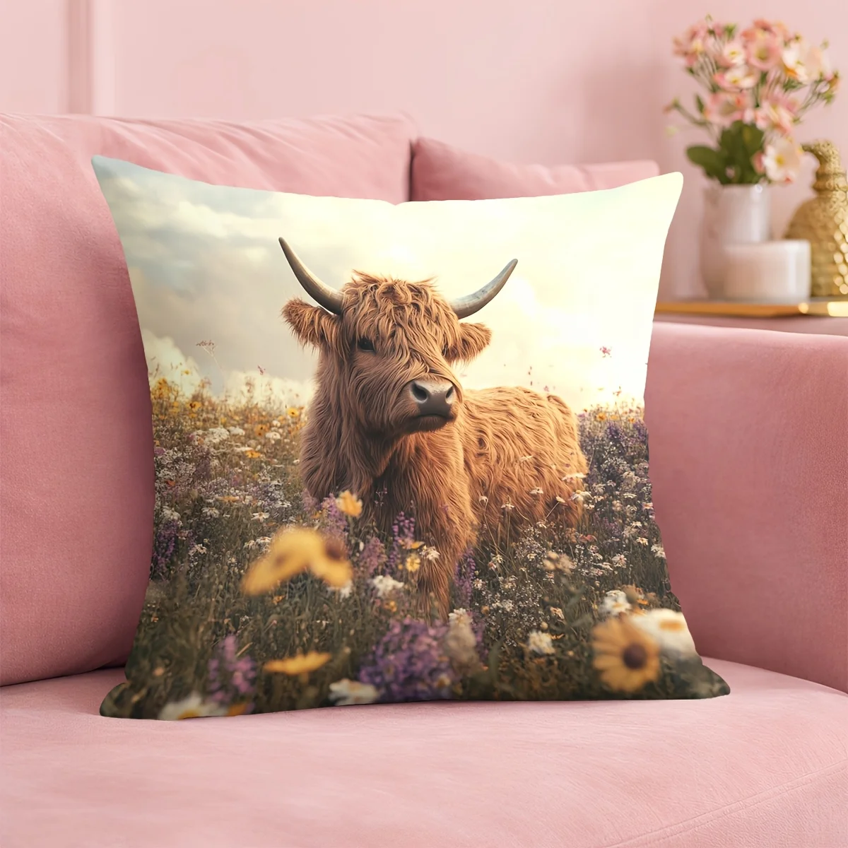 1pc 2D Flat (Pillow Not Included) Highland Cow Wildflower Meadow Cushion Cover Short Plush Rustic Nature Decor Throw Pillow Case
