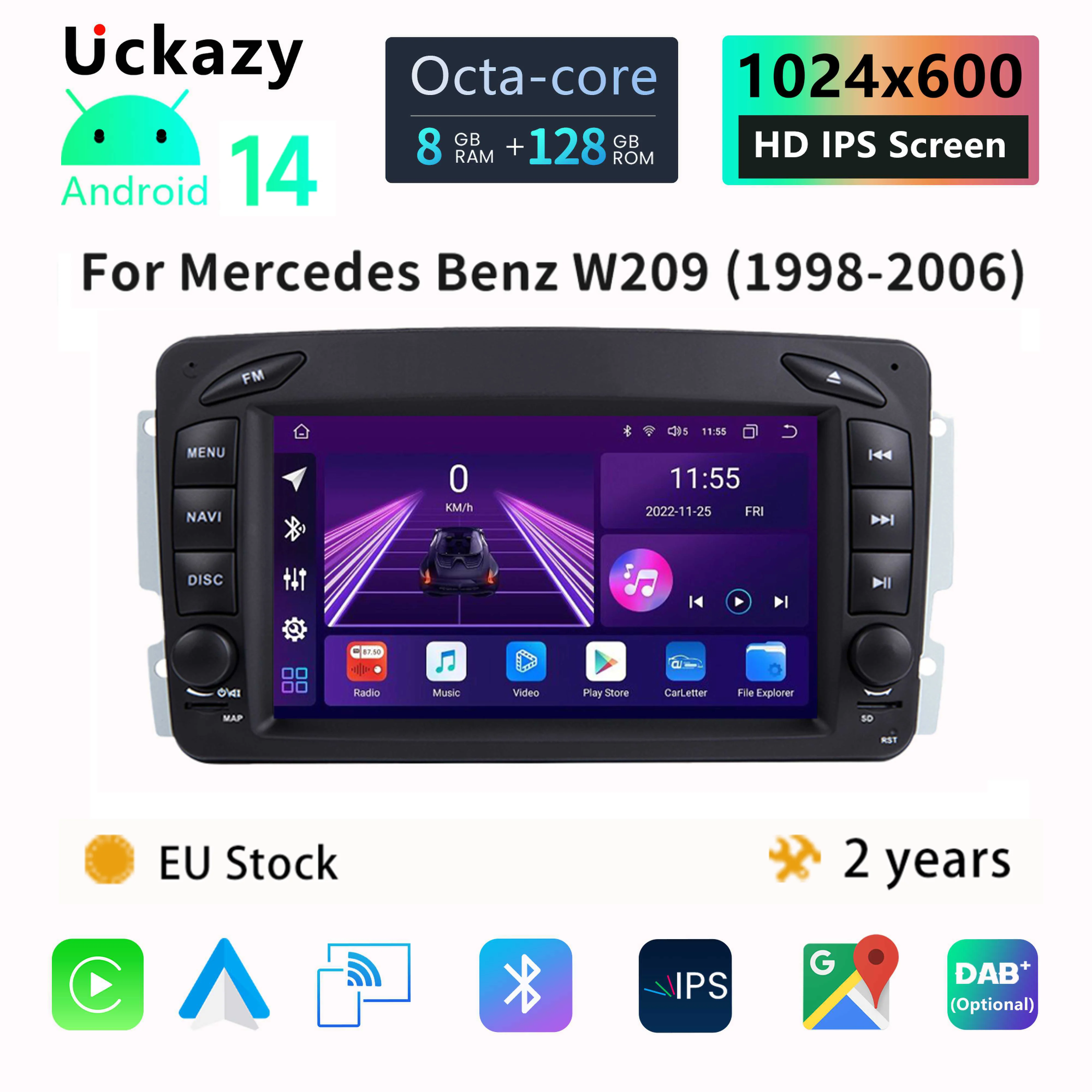 Автомобильная стереосистема 2 Din Android 14 для W203 Mercedes Benz Vito W639 W168 Vaneo Clk W209 W210 M/ML Радио Мультимедиа GPS Carplay HeadUnit