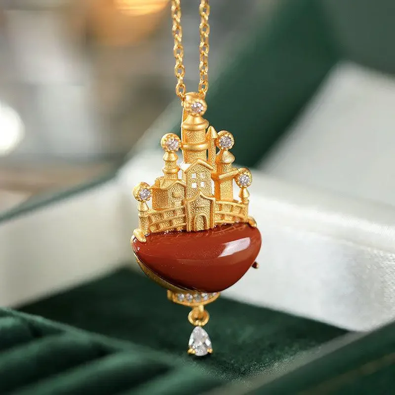 Gorgeous and Exquisite Style Gold Color Castle on Imitation Natural Red Agate Necklace Women's French High End Banquet Necklace