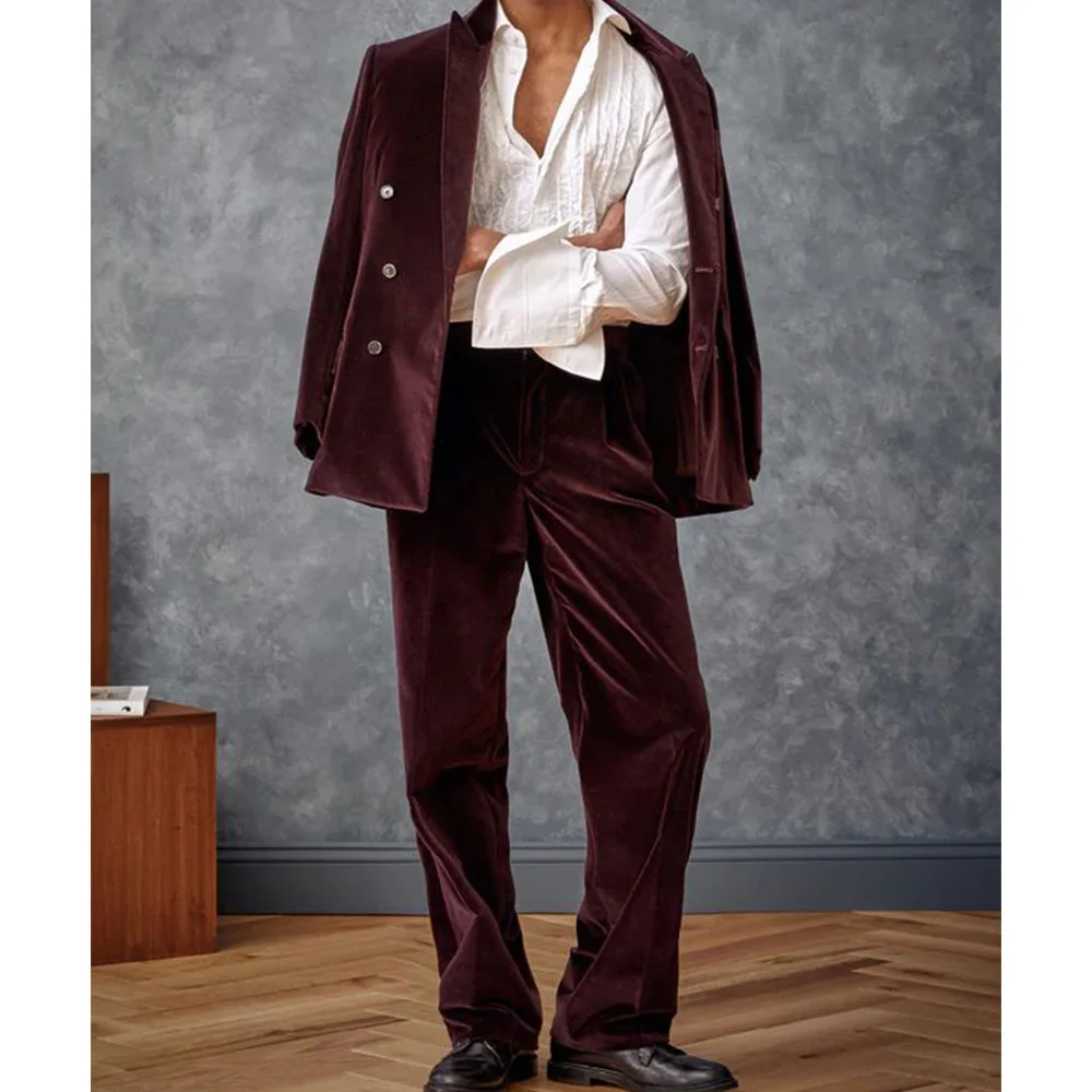 

Men Velvet Suit 2 Piece Set Double Breasted Peak Lapel Slim Fit Comfortable Elegant Business Suits Casual Stylish Wedding Formal