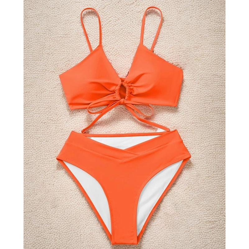 솔리드 수영복 여성 섹시 비키니 속이 비치는 레이스업 하이웨이스트 비키니 수영복 여름 2025 신상 패션 수영복 투피스 세트