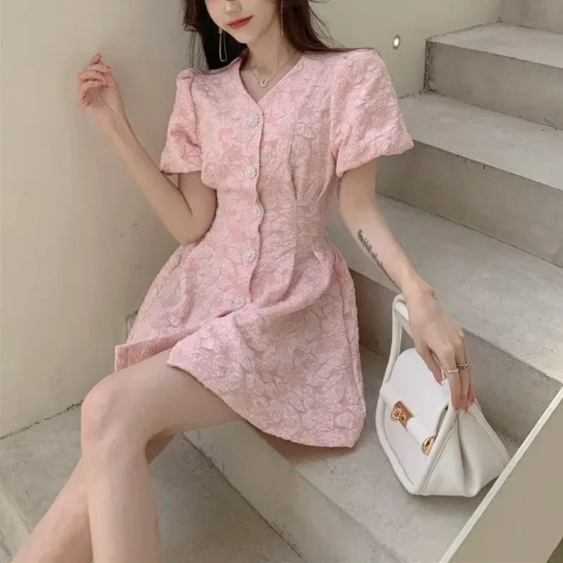 ฤดูใบไม้ผลิฤดูร้อนดอกไม้สีขาวสดชุดสั้นสําหรับผู้หญิง Elegant พัฟฝรั่งเศสแขน Single-breasted ชุดเดรสมินิ Vestidos