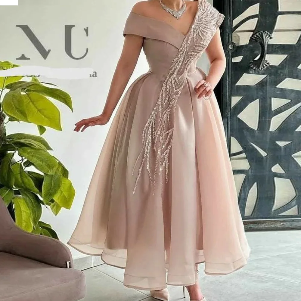 

Beading Exquisite V-Neck Tulle Off the Shoulder Sleeveless A-Line Evening Dress Sequined Crystal Photo Color Pleats Ankle Length