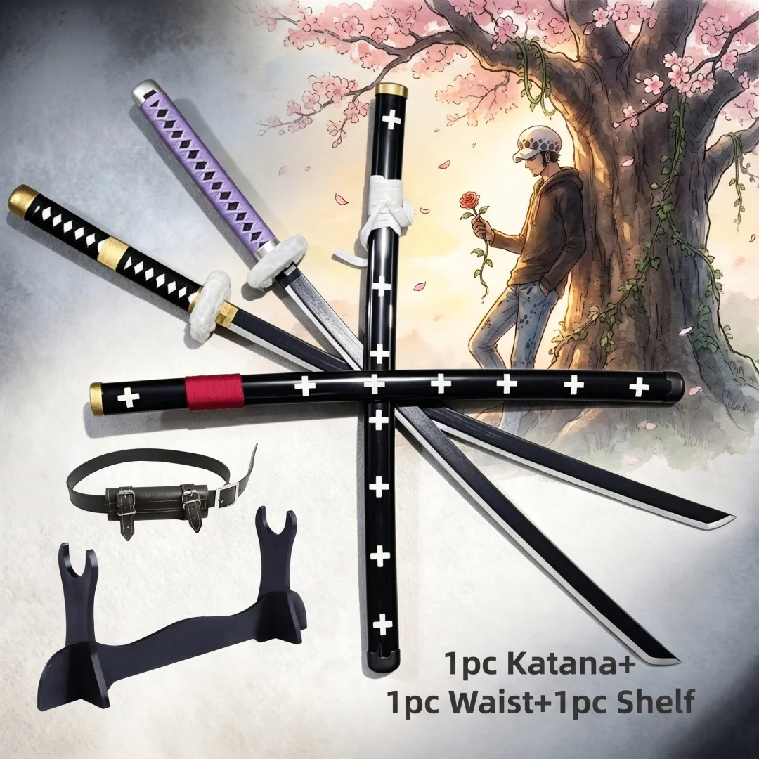 40 Zoll One Piece Trafalgar Law Katana mit Ständer-Set Anime Cosplay Requisiten-Schwert Ninja-Messer Klinge Säbel 1:1 Maßstab Plastikspielzeug Geschenk