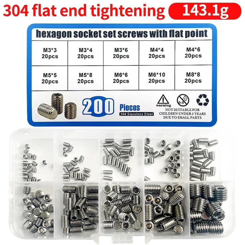 

200pcs/Box M3 M4 M5 M6 M8 304 Stainless Steel Hex Hexagon Socket Allen Cup Point Set Screw Grub Bolt Assortment Kit