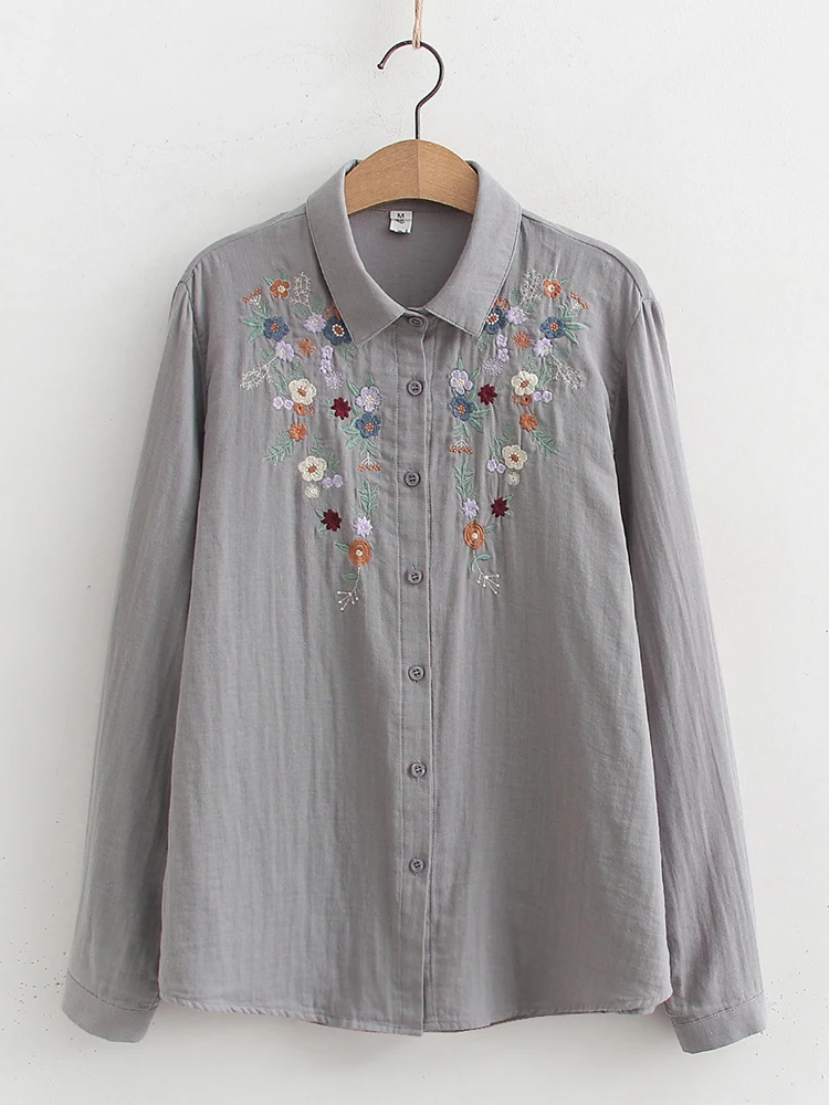 New Autumn Double 100% Cotton Yarn Shirts, Women Lapel Embroidery Tops, Mori Girl Long Sleeve Loose Blouses, Spring T49237CC