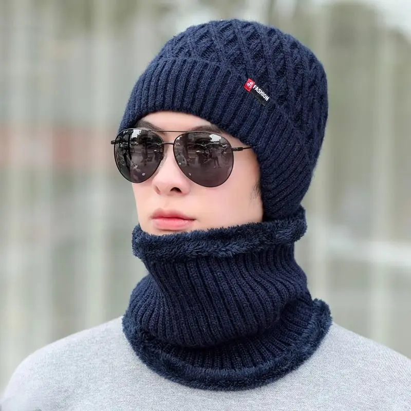 Man's Beanie Hat And Scarf 2 Piece Set Winter New Man's Knitted Warm Hat Fashion Trend Male's Earflap Caps