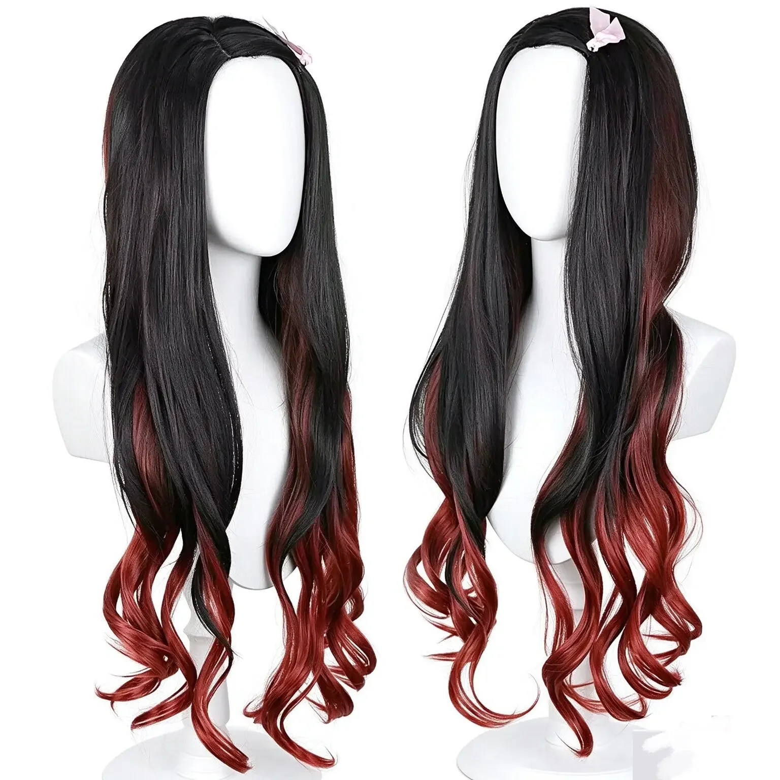 Black Gradient Reddish Brown Long Wavy Wig With Bow, Heat Resistant Synthetic Hair Wig For Halloween Carnival Party Cosplay