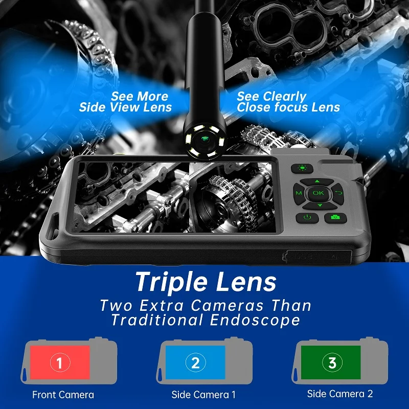 Triple Lens Endoscope Camera 5 Inch IPS Screen HD1080P 8MM Aviation Plug Replaceable Cable Pipe Inspection Borescope Take Photo