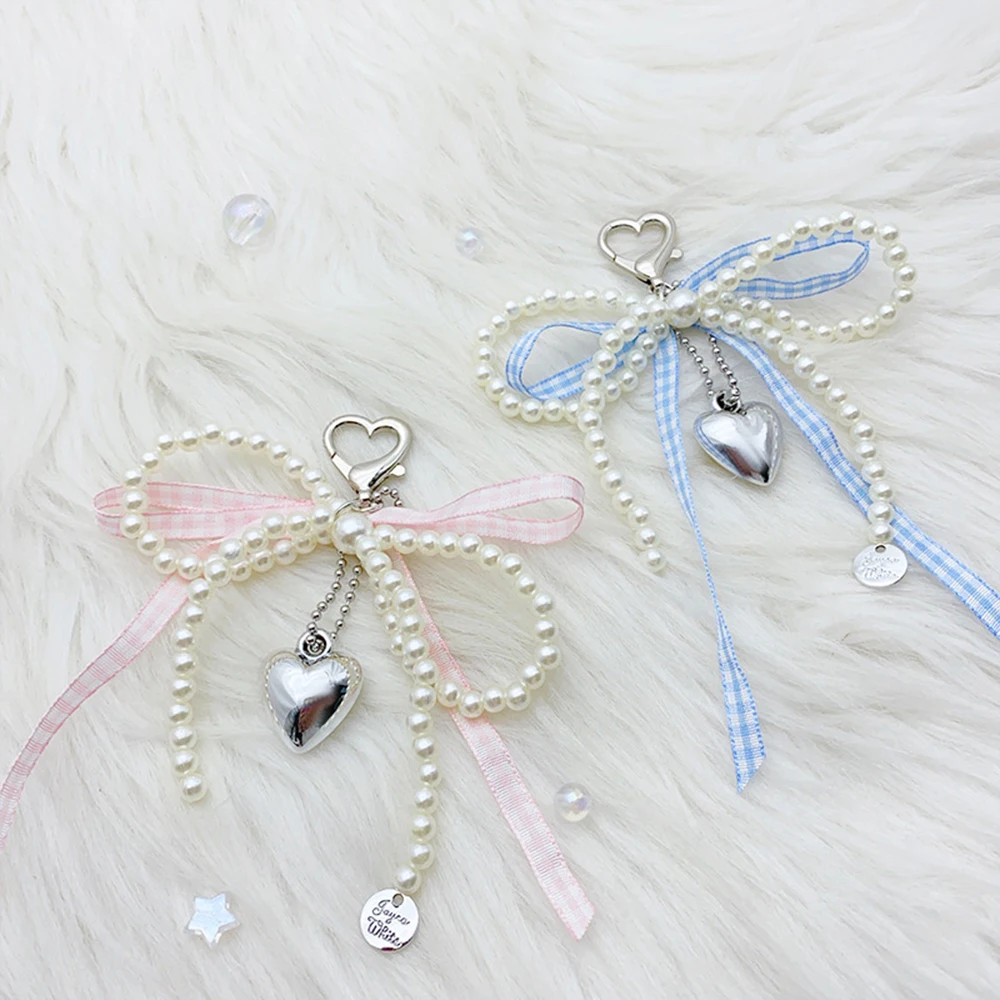 Korean Beaded Key Chain Handmade Pearl Bow Shaped Pendant Keyring Heart Keychain Ornament INS Pearl Decoration For Bags Phones