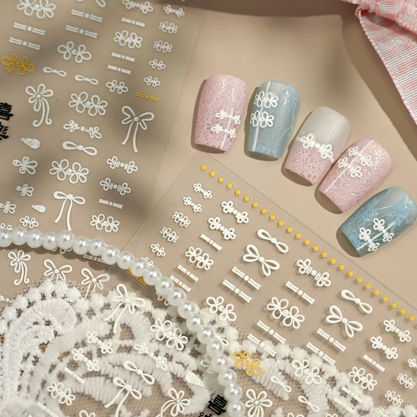 Goud Groen Chinese Traditionele Knoop Knop Bloemvorm Riem Kant Strik Lint Zelfklevende Nail Art Sticker Manicure Decals