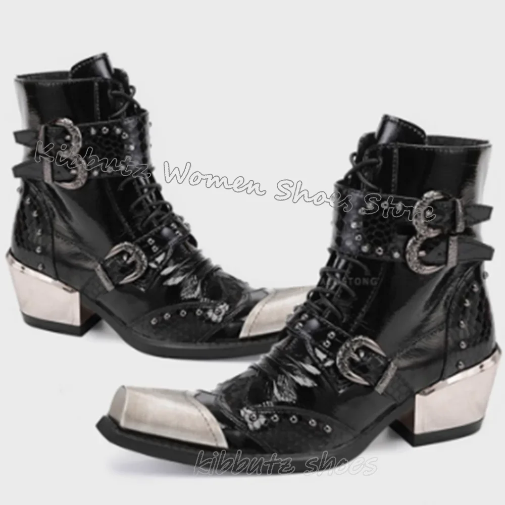 Stivaletti con decorazioni in metallo Rivetti Novità Cerniera in pelle Moda Elegante Sexy Conciso Scarpe da donna di lusso Punta quadrata Tacco grosso Nuovo